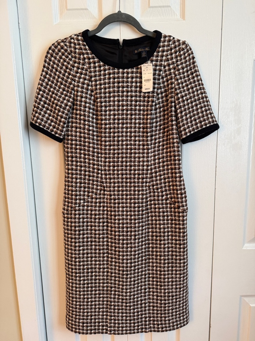 Brooks Brothers Black Brown and White Houndstooth Midi Dress with Black Trim